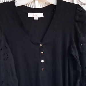 Loft ladies Half button top with lace crocheted sleeves.
